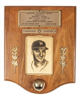 1961 Warren Spahn Most Valuable Player Plaque Presented by the Baseball Writers Association of America Milwaukee Chapter 